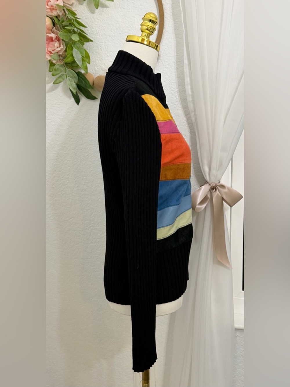 ST JOHN Lamb Suede Leather And Wool Sequin Striped Jacket Women Size M Full Zip - Picture 4 of 9